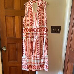 Red and White split Neck Sleeveless Midi tiered Sundress